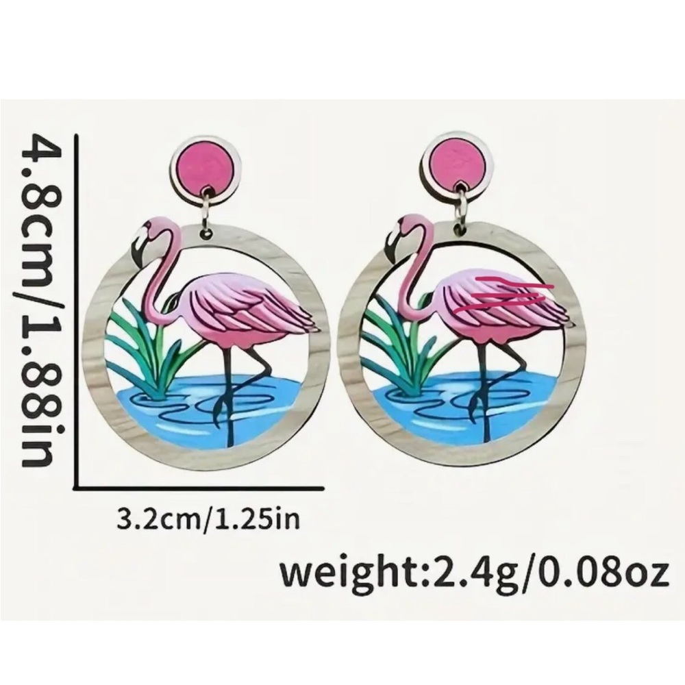 Pink Flamingo Dangle Wooden Laser Cut Post Earrings - Picture 3 of 5